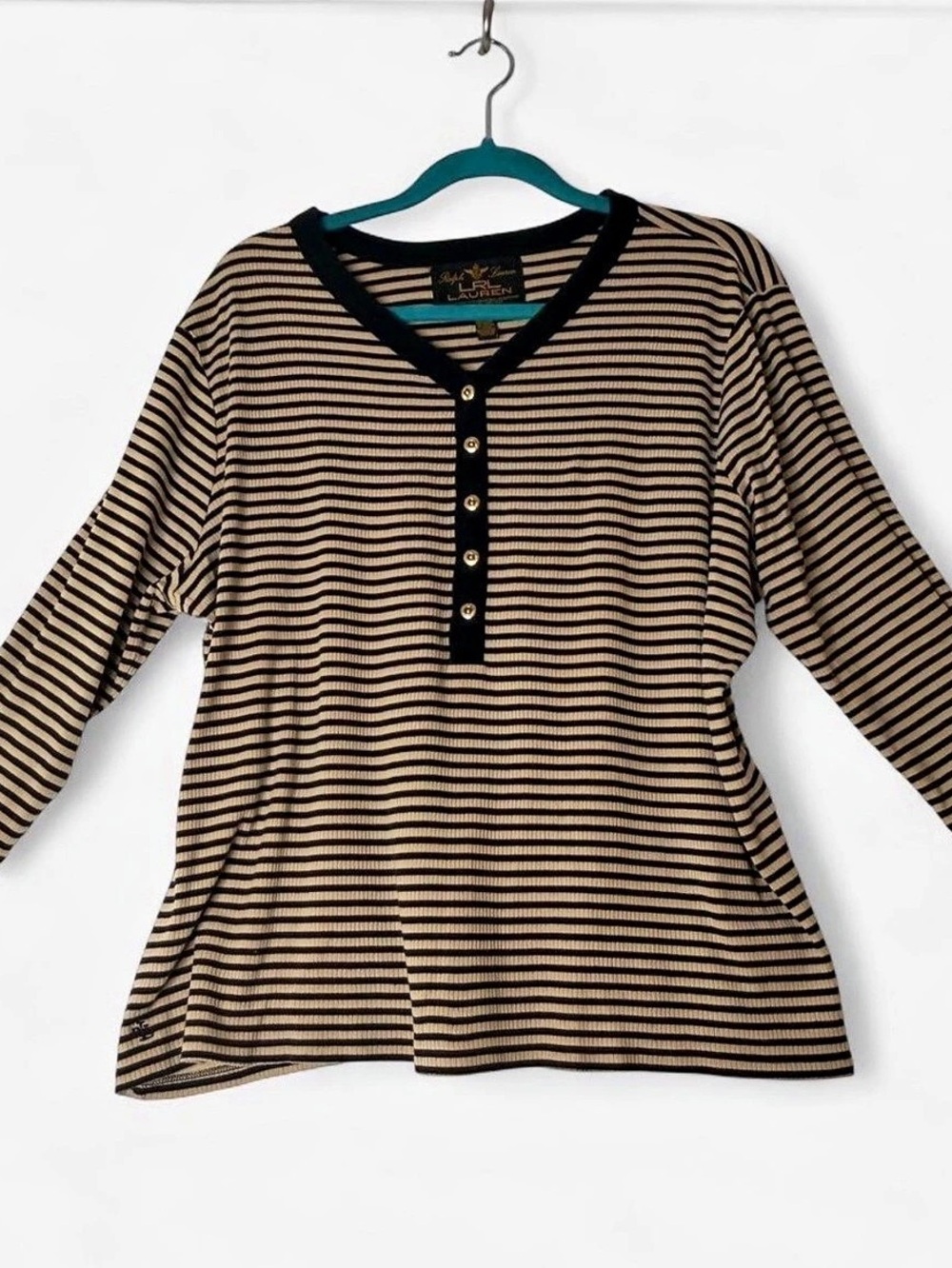 Y2K LRL Ralph Lauren Striped Ribbed Henley 3/4 Sleeve Top 3X Tan Black